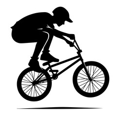 Naklejka premium silhouette of a person riding a bicycle, bmx bike rider in motion.a black silhouette of a person wearing a cap and riding a bmx bicycle, conveying a sense of speed and action, ideal for marketing, adv
