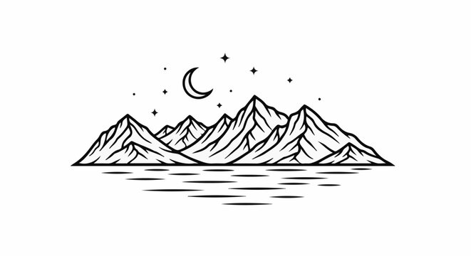 A minimalist line drawing depicts a mountain range under a crescent moon and stars