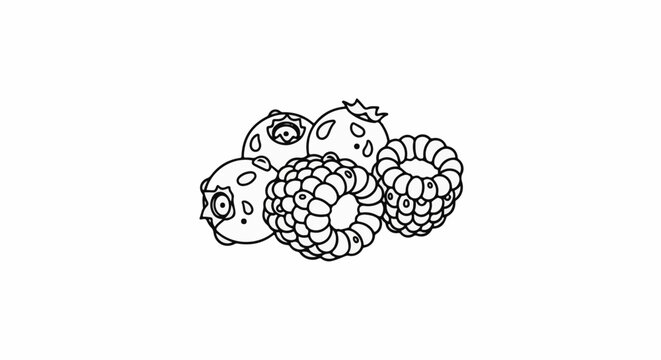 A line drawing depicts a cluster of fresh berries, including raspberries and blueberries