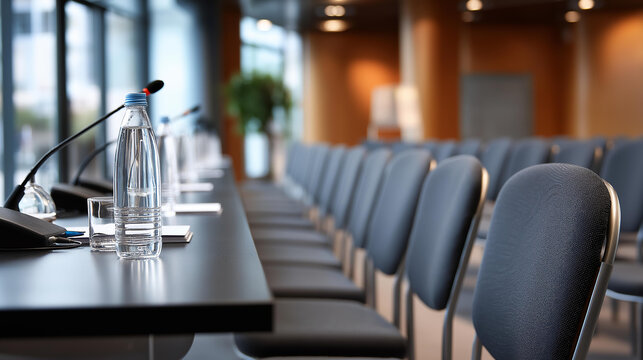 Rows of chairs facing a raised stage with a microphone and water bottle on a podium, no faces, conference meeting, audience space, speaker stage, business presentation, listening room, event