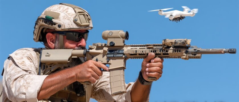 A man aims an assault rifle at small drones flying in bright blue skies, showing focus and excitement in the moment