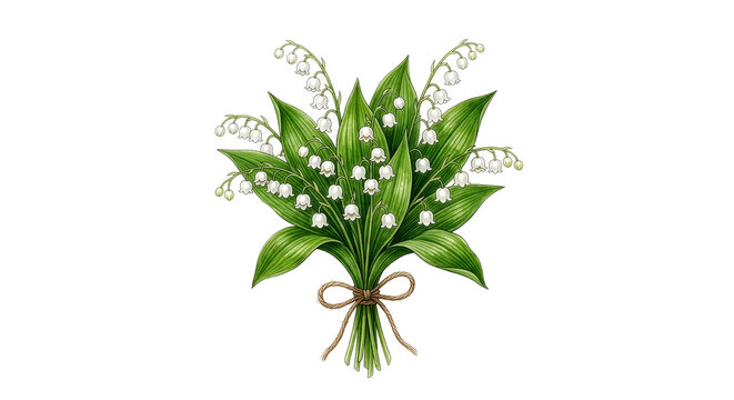Pęczek delikatnych, białych konwalii z intensywnie zielonymi liśćmi, styl botaniczny, białe tło, rustykalny urok.
