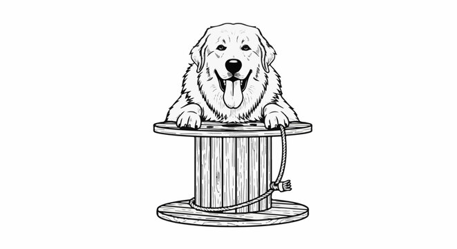 A happy, fluffy dog peeks over a wooden spool with rope