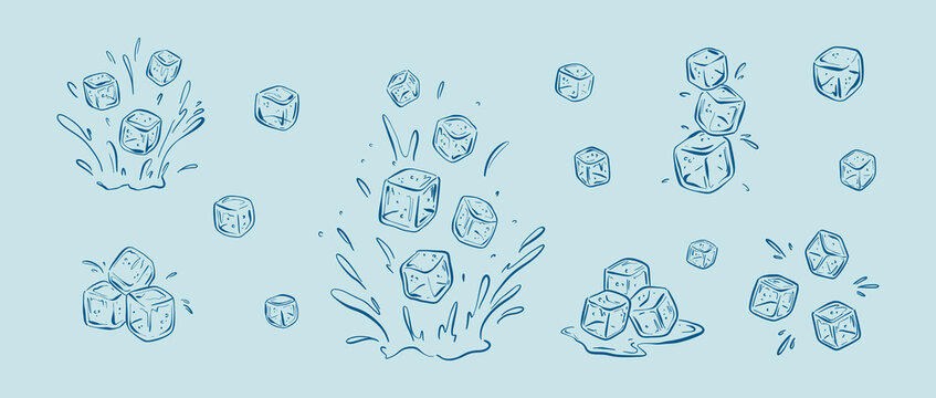 Hand drawn crayon sketch ice cubes in cold blue water. Cold drink freezing. Ice block pyramid, tower. Sugar falling into liquid splash. Doodle outline icon freehand vector illustration. Melting freeze