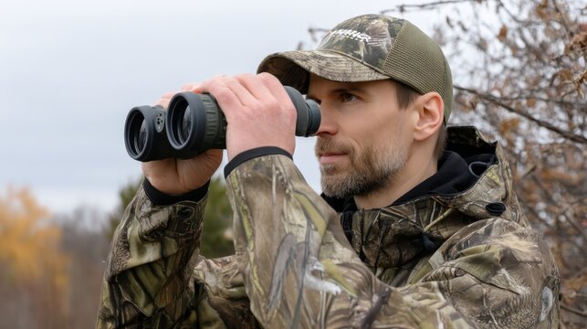 Military person looking through binoculars from a high vantage point in a city setting during evening light