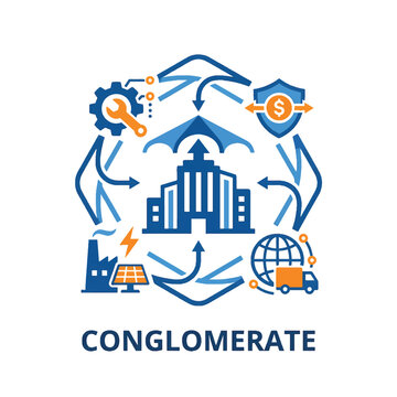 A conglomerate business model illustration showing diverse industries, corporate headquarters, global logistics, and financial security within a circular flow.