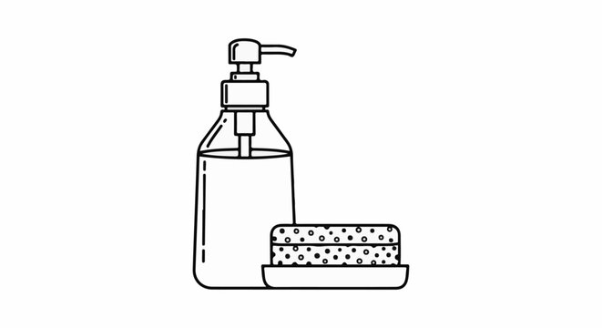 A line drawing of a soap dispenser and a patterned sponge in a dish
