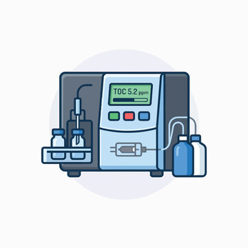 A cartoon illustration of a laboratory instrument, likely a TOC analyzer, with sample vials, tubing, and a digital display showing TOC 5.2 ppm.