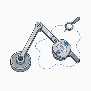 A digital planimeter is shown, with its articulated arm and measuring wheel, connected by a dotted line to a magnifying glass.