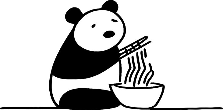 Panda picking up noodles with chopsticks while seated on floor