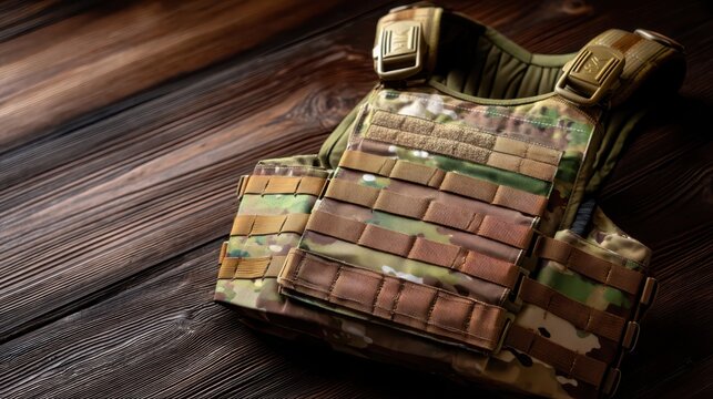 An army tactical vest with camouflage patterns and magazines rests on a wooden floor, showing detailed fabric and strap textures