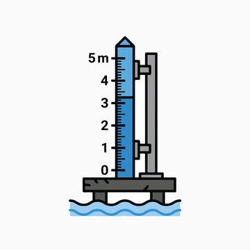 A simplified illustration of a tide gauge showing markings from 0 to 5 meters, mounted on a pier in water.