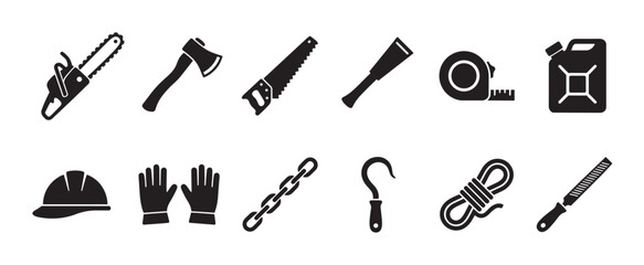 Fototapeta premium A collection of black silhouette icons representing various tools for construction, gardening, and general maintenance, set against a clean white background for versatile use.