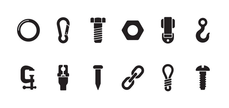 A collection of black vector icons depicting various hardware items like bolts, nuts, hooks, clamps, and chains on a clean white background.