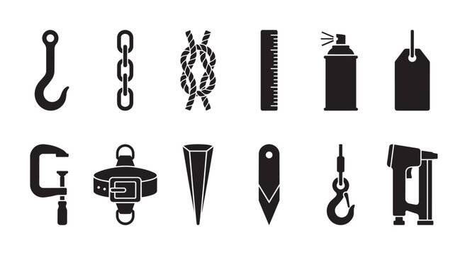 A collection of black vector icons depicting various tools and equipment, including a hook, chain, rope knot, ruler, spray can, tag, clamp, buckle, spike, staple gun and more.