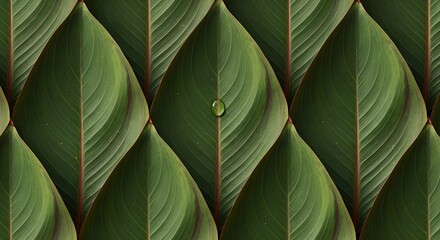 Obraz premium A close-up view of multiple green leaves with a water droplet on one leaf.