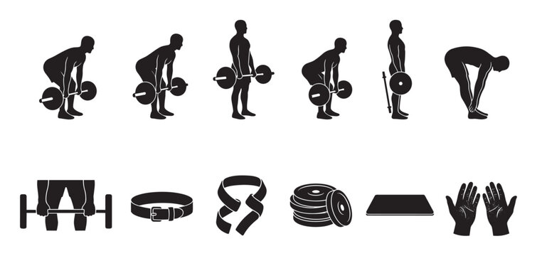 A collection of black silhouettes depicting weightlifting poses and essential gym equipment, ideal for fitness guides, workout plans, and health-related designs.
