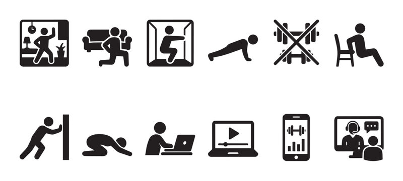 Set of black and white pictogram icons representing various home fitness activities and digital training methods, perfect for health and wellness concepts.