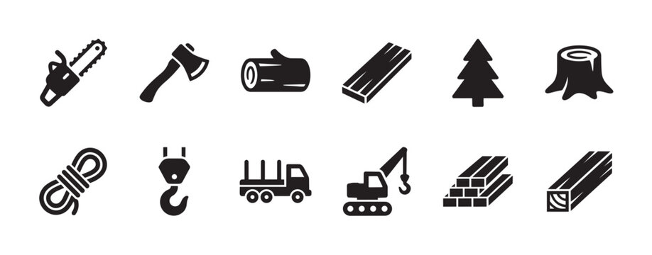 Collection of flat design icons representing various aspects of the wood industry including tools, materials, and equipment on a white background.
