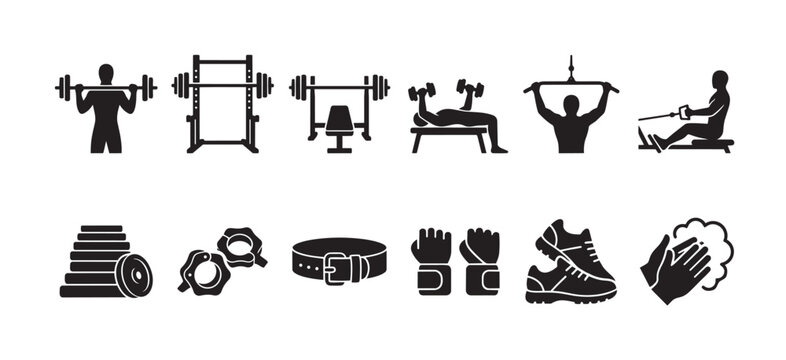 This black and white icon set features various gym equipment like weight racks, benches, and barbells, alongside accessories such as weights, gloves, and shoes, ideal for fitness concepts.