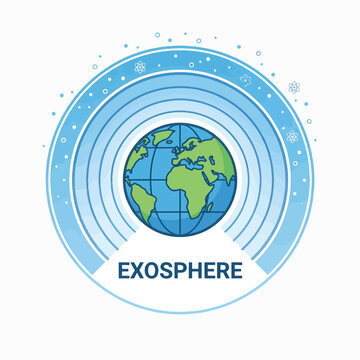 Stylized illustration of Earth surrounded by concentric blue rings and atom icons, representing the exosphere.