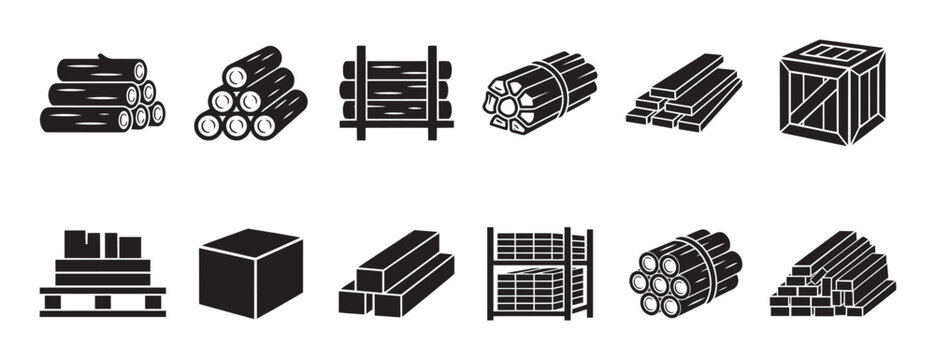 This collection of black and white icons depicts various arrangements of wood materials like logs, lumber, and crates, representing storage and raw materials.