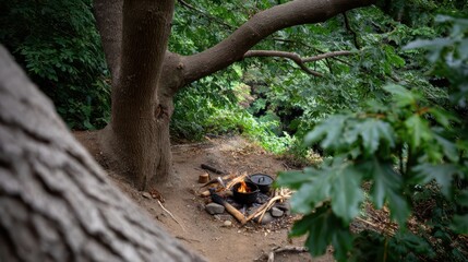Obraz premium A small fire burns in the woods at night with an old pot on top, surrounded by sticks for cooking food outdoors