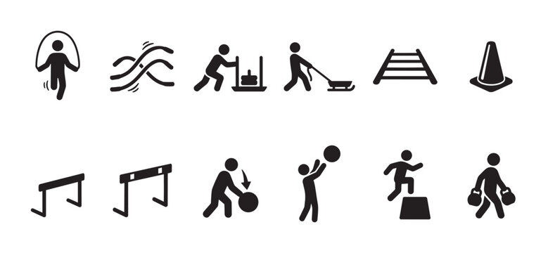A collection of black silhouette icons depicting various exercises and sports activities, including jumping rope, hurdles, weightlifting, and ball games.