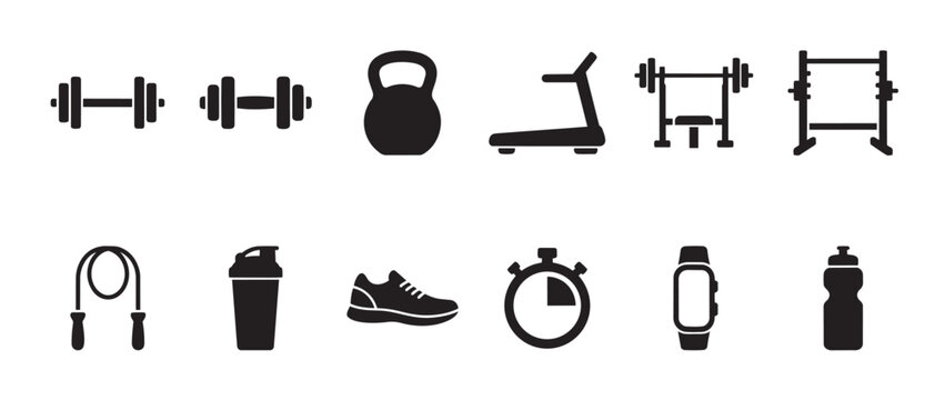 A collection of black silhouette icons depicting various fitness and gym equipment set against a clean white background for versatile use.