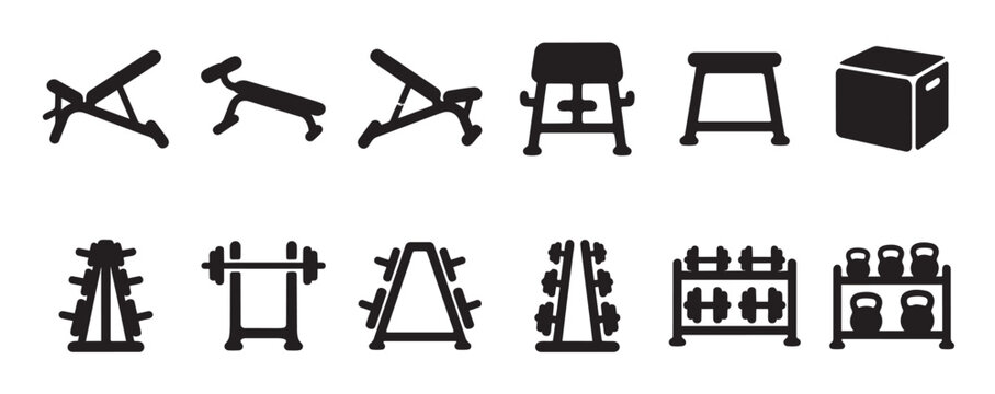 Black silhouette icons display various gym equipment including weight benches, barbells, dumbbells, kettlebells, and storage racks on a white background.