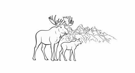 Fototapeta premium A parent and young moose stand before jagged mountain peaks in a line drawing