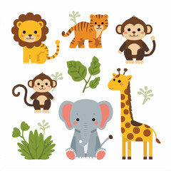 Fototapeta premium Colorful cartoon jungle animal characters isolated on white background