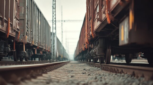 Freight wagons aligned on parallel railway tracks forming a strong low angle perspective of industrial transport infrastructure, logistics and long distance commerce under daylight
