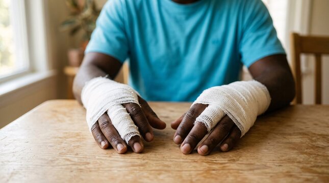 Close-up portrait focusing on dark-skinned hands thoroughly wrapped in pristine white medical gauze bandages resting gently on a wood table.