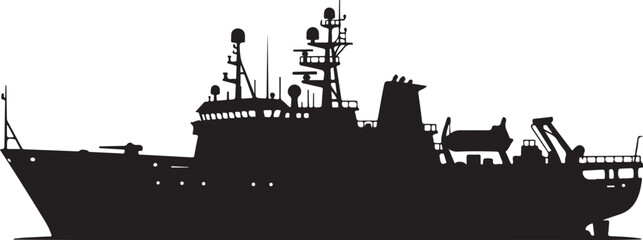 Obraz premium Black silhouette warship, military vessel, naval ship, vector illustration
