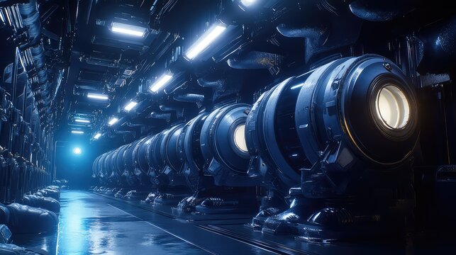 Futuristic cryogenic pods lining a metallic spaceship corridor, creating a science fiction environment with intricate machinery and cool blue lighting, representing advanced technology
