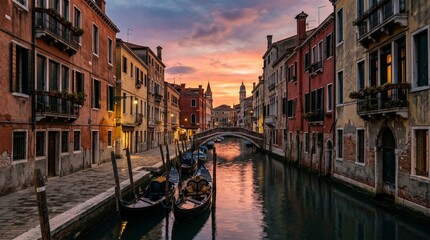 Fototapeta premium Venetian Canal at Sunset A Tranquil Evening Amidst Historic Architecture and Serene Waters