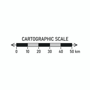 A cartographic scale bar indicates distances on a map, with markings from 0 to 50 km, against a white, slightly textured background.