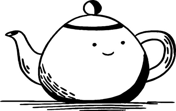 Round teapot character resting on surface with simple smile ink drawing