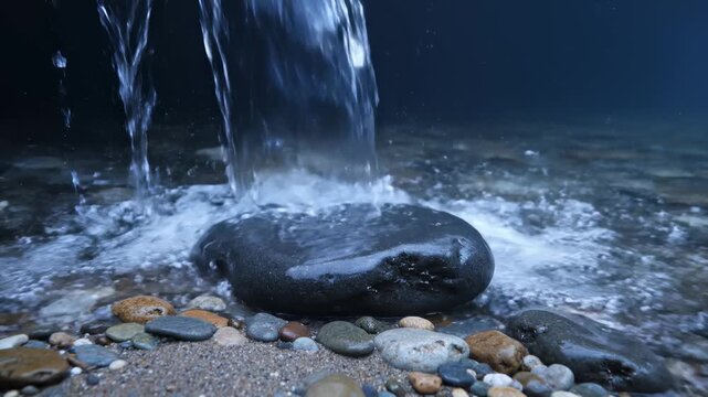 Clear Water Flowing and Splashing Over Smooth Dark River Rock and Pebbles
