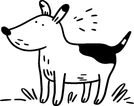 Dog standing on grass in simple black and white sketch
