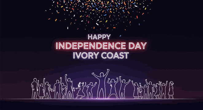 Digital illustration of a Happy Independence Day Ivory Coast celebration with a crowd of people and fireworks on a dark background with pink and purple hues.