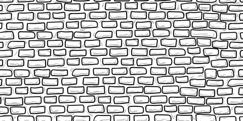Brick wall, hand-drawn sketch. vector illustration. The part of the facade, made of stone and brick, is a seamless horizontal border that stands out against a white background. © Elena