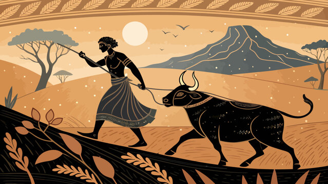 An ancient farmer plows the land with a bull in a serene landscape at sunset