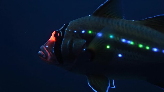 Bioluminescent deep sea fish swimming in dark blue water