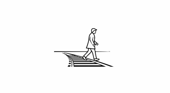 A person in a coat and cap crosses railroad tracks at a pedestrian crossing