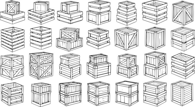 Hand Drawn Wooden Boxes and Crates Set. Collection of Various Cargo, Storage, and Shipping Containers in Sketch Style, Isometric Line Art for Games or Logistics