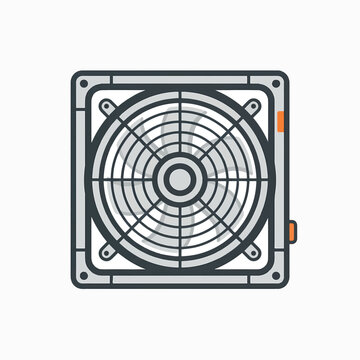 A vector illustration of a computer power supply unit with a visible fan, presented in a clean, minimalist style.