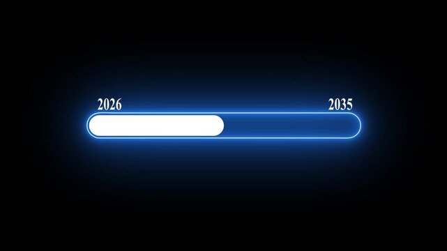 New year 2026 to 2035 loading bar animation Year changing from Loading bar animation on black background.