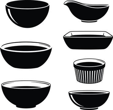 Black and white of various kitchen bowls cookware